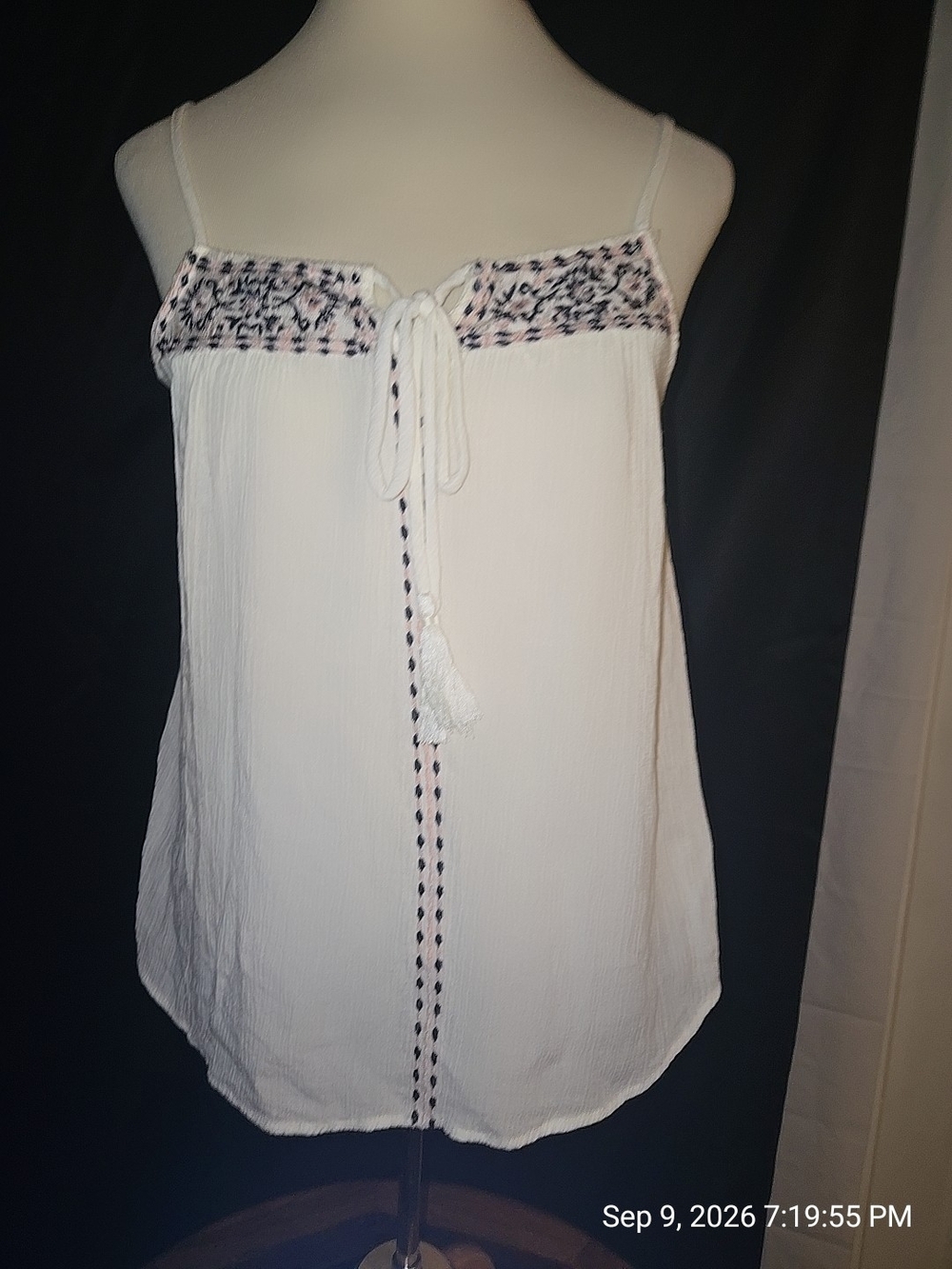 Almost Famous White Embroidered Tie-Front Cami with Tassel